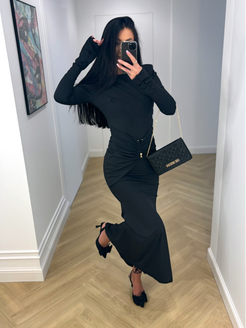 Czarna sukienka maxi z biżuteryjnym zdobieniem w talii i odkrytymi plecami AMISHA 26 - photo #5