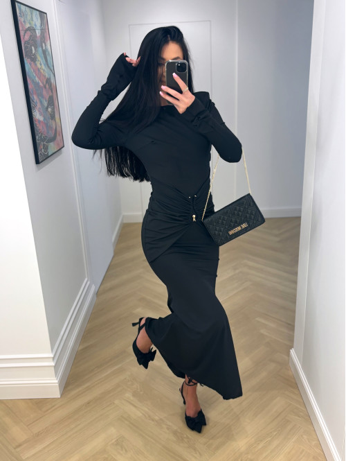 Czarna sukienka maxi z biżuteryjnym zdobieniem w talii i odkrytymi plecami AMISHA 26 - photo #6