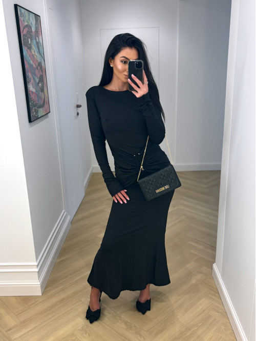 Czarna sukienka maxi z biżuteryjnym zdobieniem w talii i odkrytymi plecami AMISHA 26 - photo #7