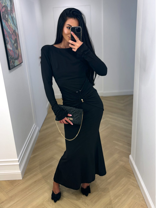 Czarna sukienka maxi z biżuteryjnym zdobieniem w talii i odkrytymi plecami AMISHA 26 - photo #8