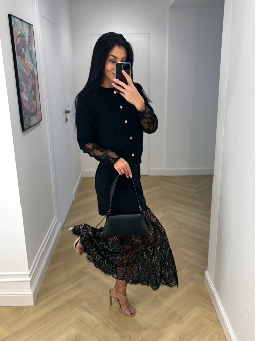 Czarny komplet sweter +spódnica dzianinowy z koronką Mela 02 - photo #7