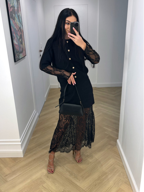 Czarny komplet sweter +spódnica dzianinowy z koronką Mela 02 - photo #8