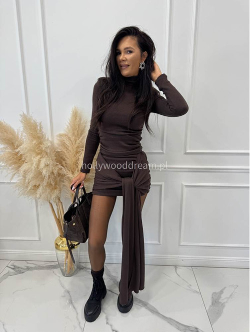 Czekoladowy komplet sweterkowy golf + spódniczka z wiązaniem POPPY 161 - photo #1