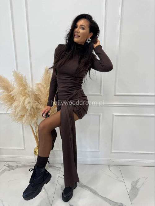 Czekoladowy komplet sweterkowy golf + spódniczka z wiązaniem POPPY 161 - photo #5