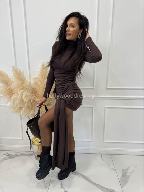 Czekoladowy komplet sweterkowy golf + spódniczka z wiązaniem POPPY 161 - photo #7