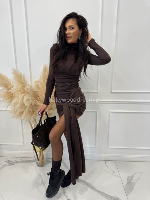 Czekoladowy komplet sweterkowy golf + spódniczka z wiązaniem POPPY 161 - photo #8