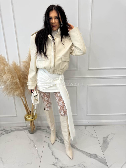 Biały komplet sweterkowy golf + spódniczka z wiązaniem POPPY 161 - photo #1