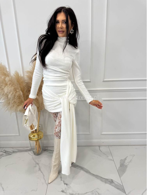 Biały komplet sweterkowy golf + spódniczka z wiązaniem POPPY 161 - photo #9