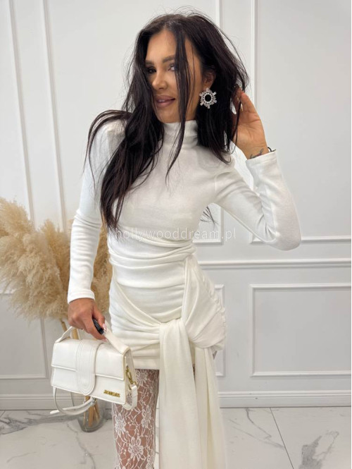 Biały komplet sweterkowy golf + spódniczka z wiązaniem POPPY 161 - photo #12