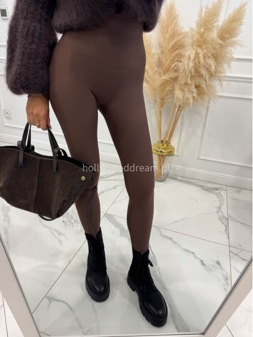 Czekoladowe legginsy prążkowane z wysoką gumą ARTES 09