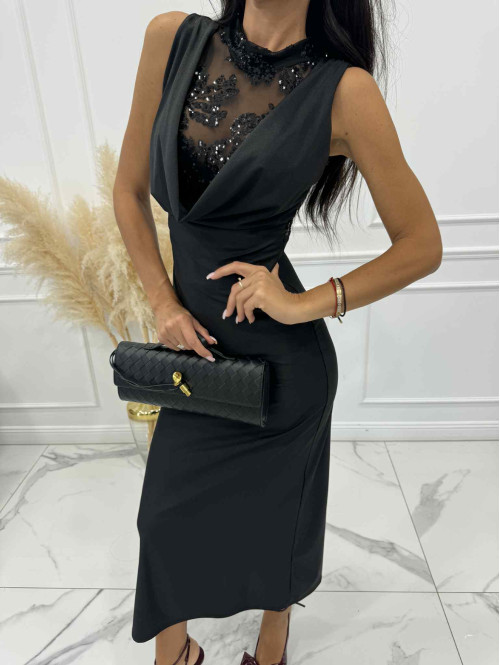 Czarna sukienka maxi a'la satyna z cekinami bez rękawów CLEO 19 - photo #3