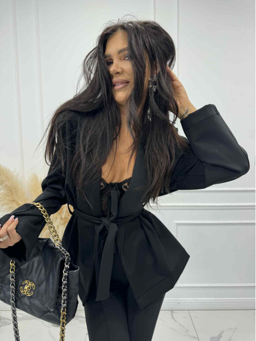 Czarna marynarka bawełniana z wiązaniem HELGA 171 - photo #3