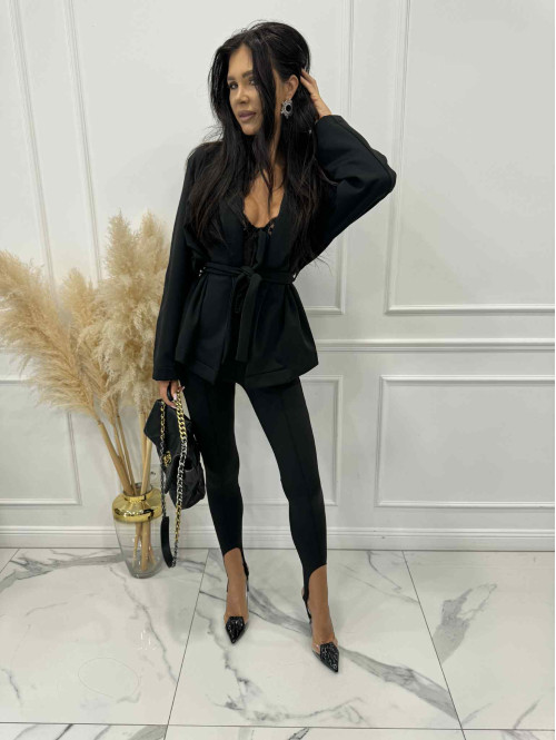 Czarna marynarka bawełniana z wiązaniem HELGA 171 - photo #6