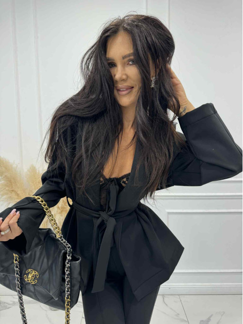 Czarna marynarka bawełniana z wiązaniem HELGA 171 - photo #1