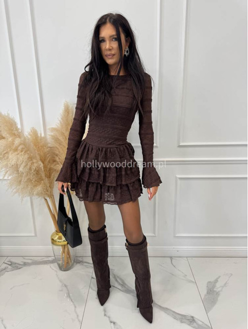 Czekoladowa sukienka mini na długi rękaw kreszowana z falbanami ZARA 94 - photo #2