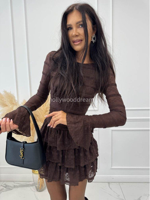 Czekoladowa sukienka mini na długi rękaw kreszowana z falbanami ZARA 94 - photo #7