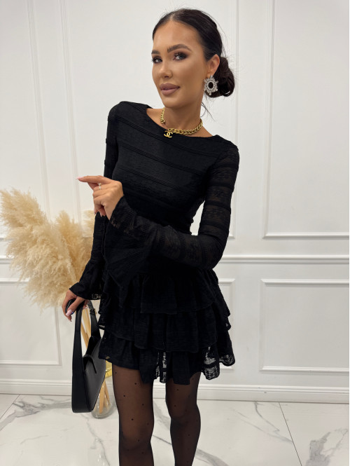 Czarna sukienka mini na długi rękaw kreszowana z falbanami ZARA 94