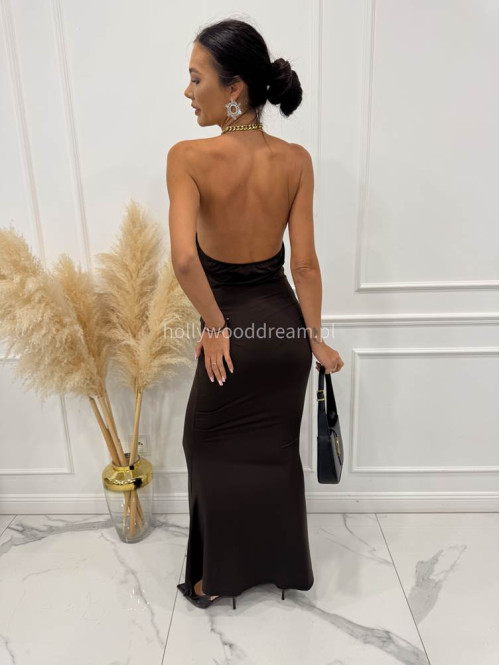 Czekoladowa sukienka maxi z dekoltem halter+ złota ozdoba na szyi ARMENIA 94 - photo #5