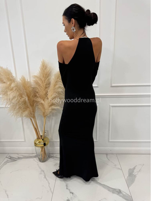 Czarna sukienka maxi na długi rękaw z lejącym dekoltem i złotą ozdobą na szyi GLAM 94 - photo #4