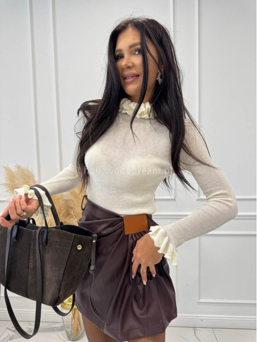 Bordowa spódnica mini z ekoskóry z marszczeniem ZABIA 94 - photo #3