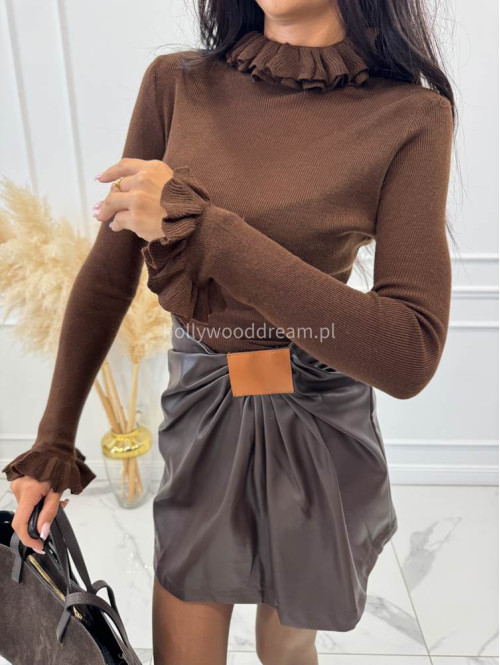 Czekoladowa spódnica mini z ekoskóry z marszczeniem ZABIA 94 - photo #1