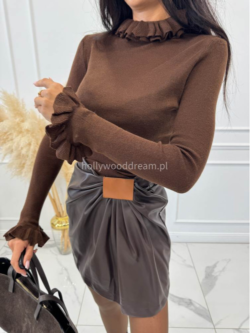 Czekoladowa spódnica mini z ekoskóry z marszczeniem ZABIA 94 - photo #3