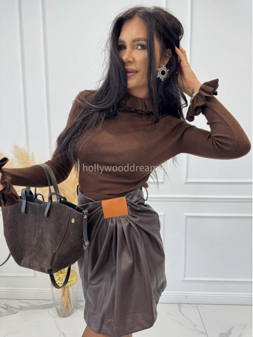 Czekoladowa spódnica mini z ekoskóry z marszczeniem ZABIA 94 - photo #4