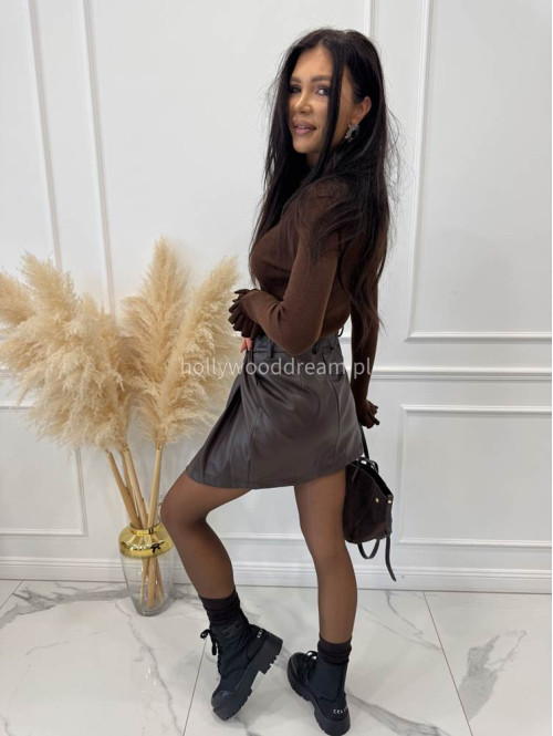 Czekoladowa spódnica mini z ekoskóry z marszczeniem ZABIA 94 - photo #14