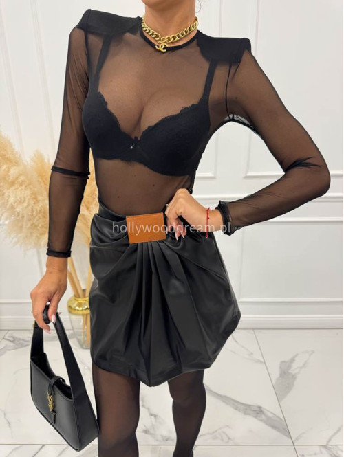 Czarna spódnica mini z ekoskóry z marszczeniem ZABIA 94 - photo #2