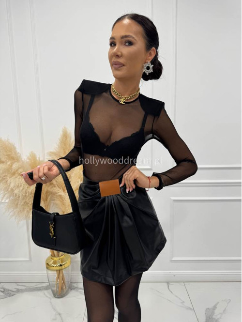 Czarna spódnica mini z ekoskóry z marszczeniem ZABIA 94 - photo #4