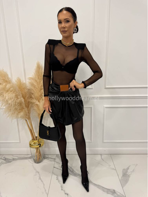 Czarna spódnica mini z ekoskóry z marszczeniem ZABIA 94 - photo #9