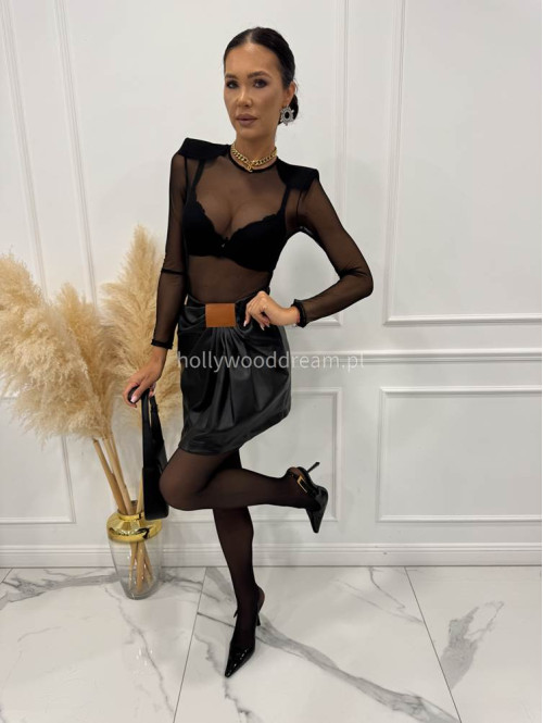 Czarna spódnica mini z ekoskóry z marszczeniem ZABIA 94 - photo #10