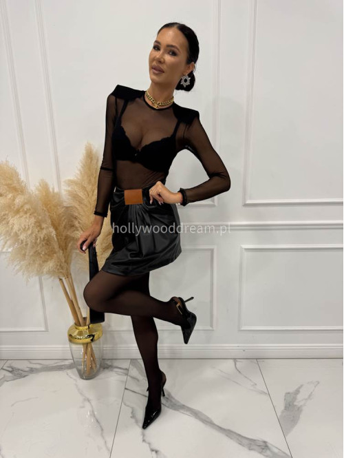 Czarna spódnica mini z ekoskóry z marszczeniem ZABIA 94 - photo #11