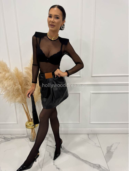 Czarna spódnica mini z ekoskóry z marszczeniem ZABIA 94 - photo #12