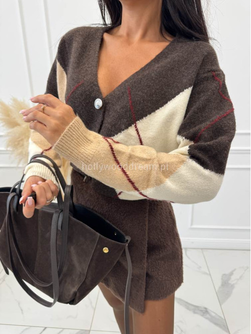 Brązowy kardigan we wzór rombów Cerys 09 - photo #2