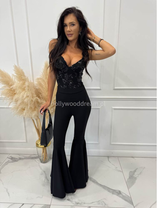 Czarne legginsy prążkowane bardzo szerokie nogawki Wonder 173 - photo #1