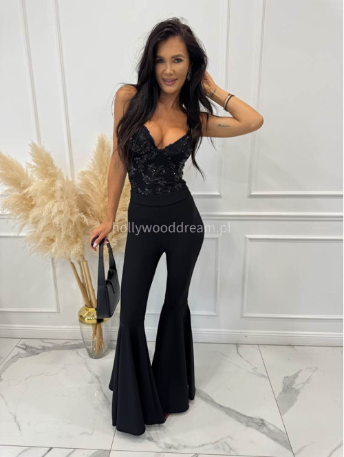 Czarne legginsy prążkowane bardzo szerokie nogawki Wonder 173 - photo #2