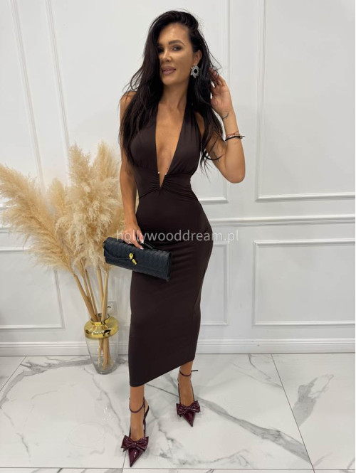 Brązowa sukienka midi dekolt typu halter+ odkryte plecy MAMBA 19 - photo #3