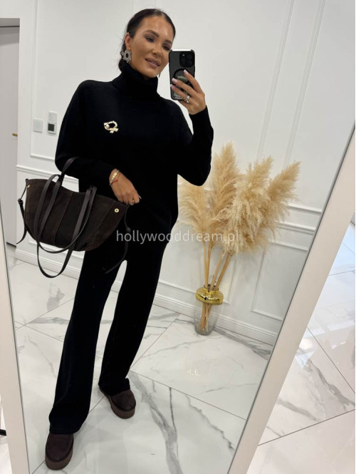 Czarny komplet sweterkowy golf z broszką +spodnie Ida 02 - photo #1