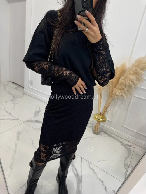 Czarny t-shirt z koronkowymi rękawami Buena 44 - photo #2
