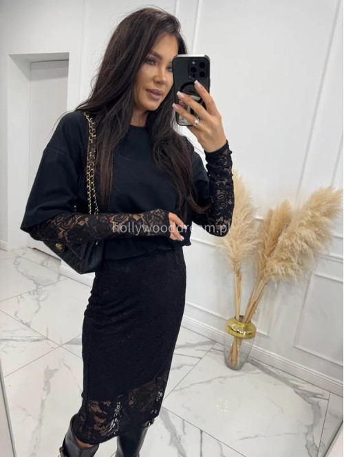 Czarny t-shirt z koronkowymi rękawami Buena 44 - photo #5