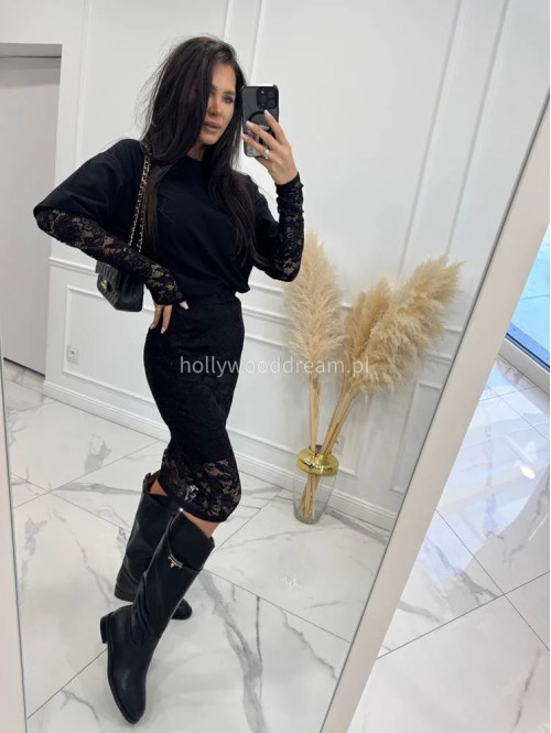 Czarny t-shirt z koronkowymi rękawami Buena 44 - photo #7