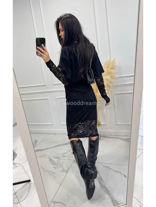 Czarny t-shirt z koronkowymi rękawami Buena 44 - photo #8