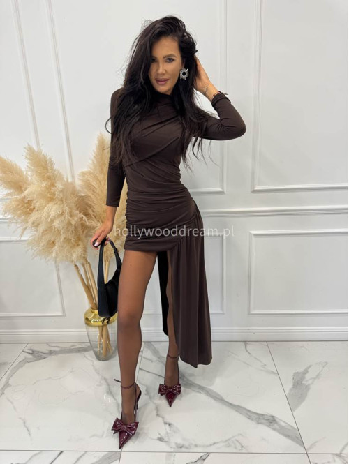 Brązowa sukienka mini na długi rękaw z szarfą MARISSA 19 - photo #1