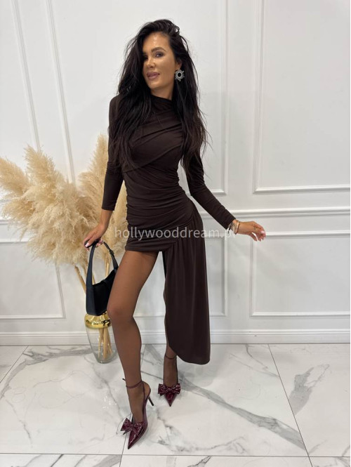 Brązowa sukienka mini na długi rękaw z szarfą MARISSA 19 - photo #3