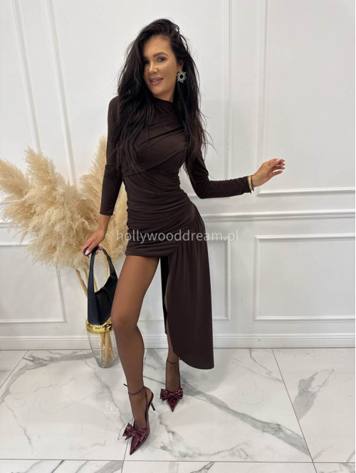 Brązowa sukienka mini na długi rękaw z szarfą MARISSA 19 - photo #4