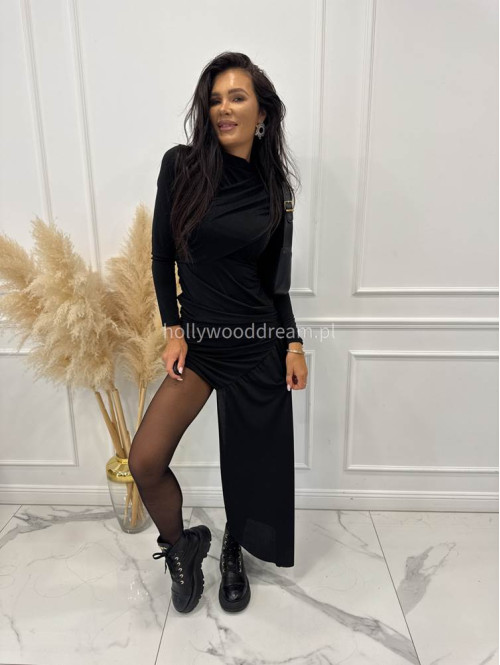 Czarna sukienka mini na długi rękaw z szarfą MARISSA 19 - photo #5