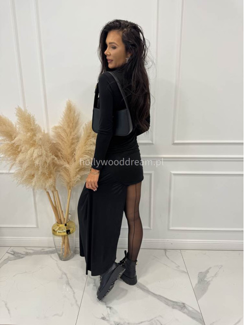 Czarna sukienka mini na długi rękaw z szarfą MARISSA 19 - photo #6