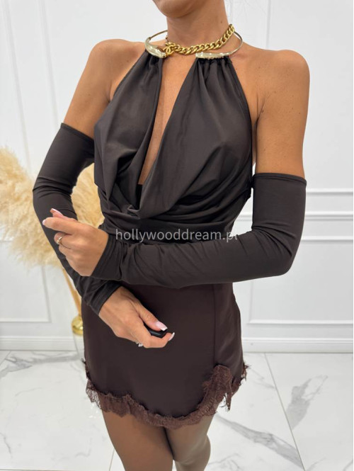 Czekoladowa spódniczka mini satynowa z koronkowym wykończeniem LUIZA 19 - photo #12