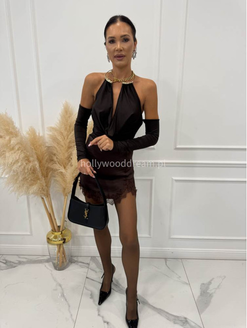 Czekoladowa spódniczka mini satynowa z koronkowym wykończeniem LUIZA 19 - photo #18